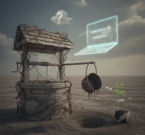 A dry well with cobwebs and an empty bucket hangs over cracked earth. A floating holographic laptop reads "YOURBUSINESS.COM, NO INQUIRIES." A small plant labeled "LEADS" grows nearby, suggesting scarcity and struggle, highlighting that the website isn’t getting leads.